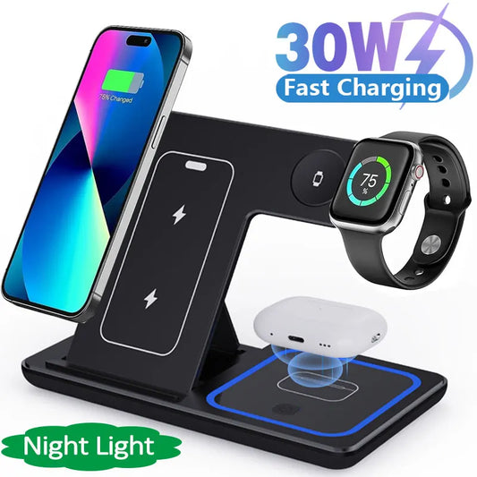 Foldable Charging Station LED Fast Wireless Charger Stand 3 in 1