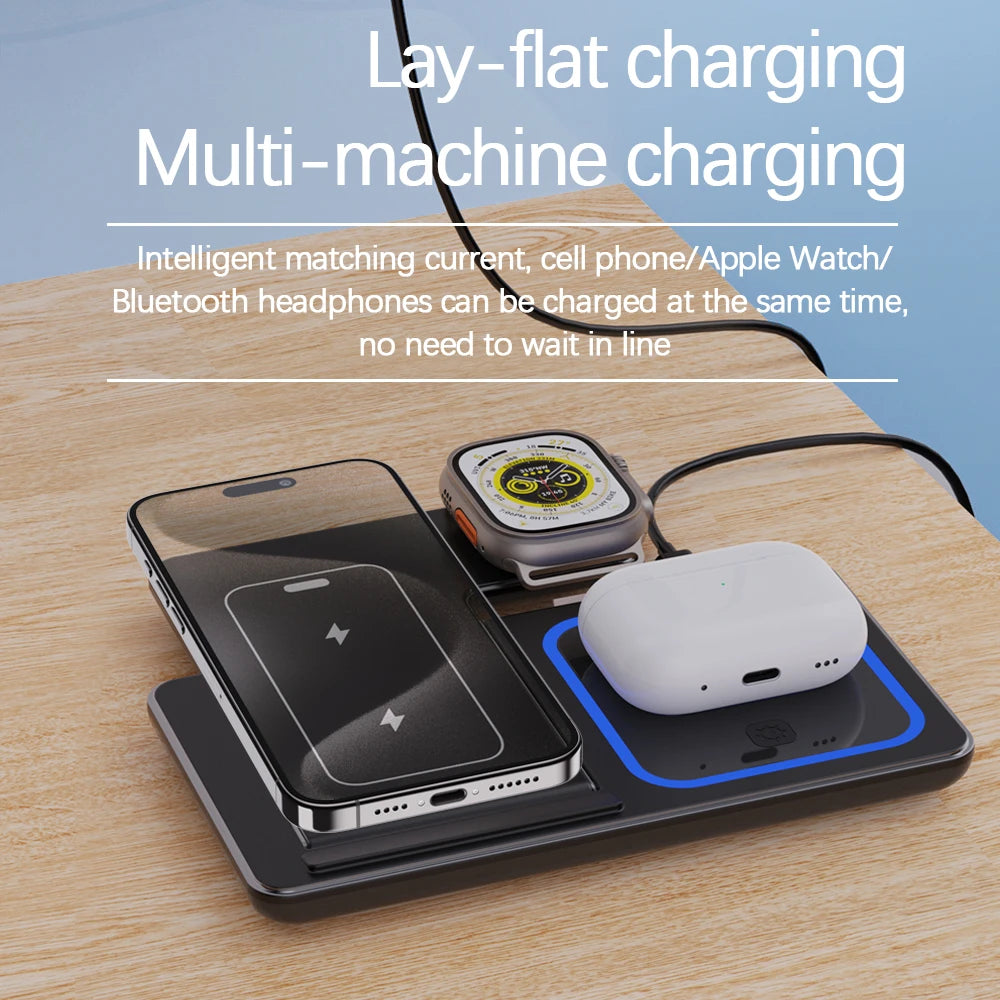 Foldable Charging Station LED Fast Wireless Charger Stand 3 in 1