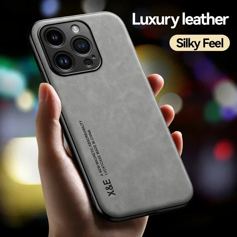 Luxury Leather Case With Metal Plate Support Car Hold For iPhone